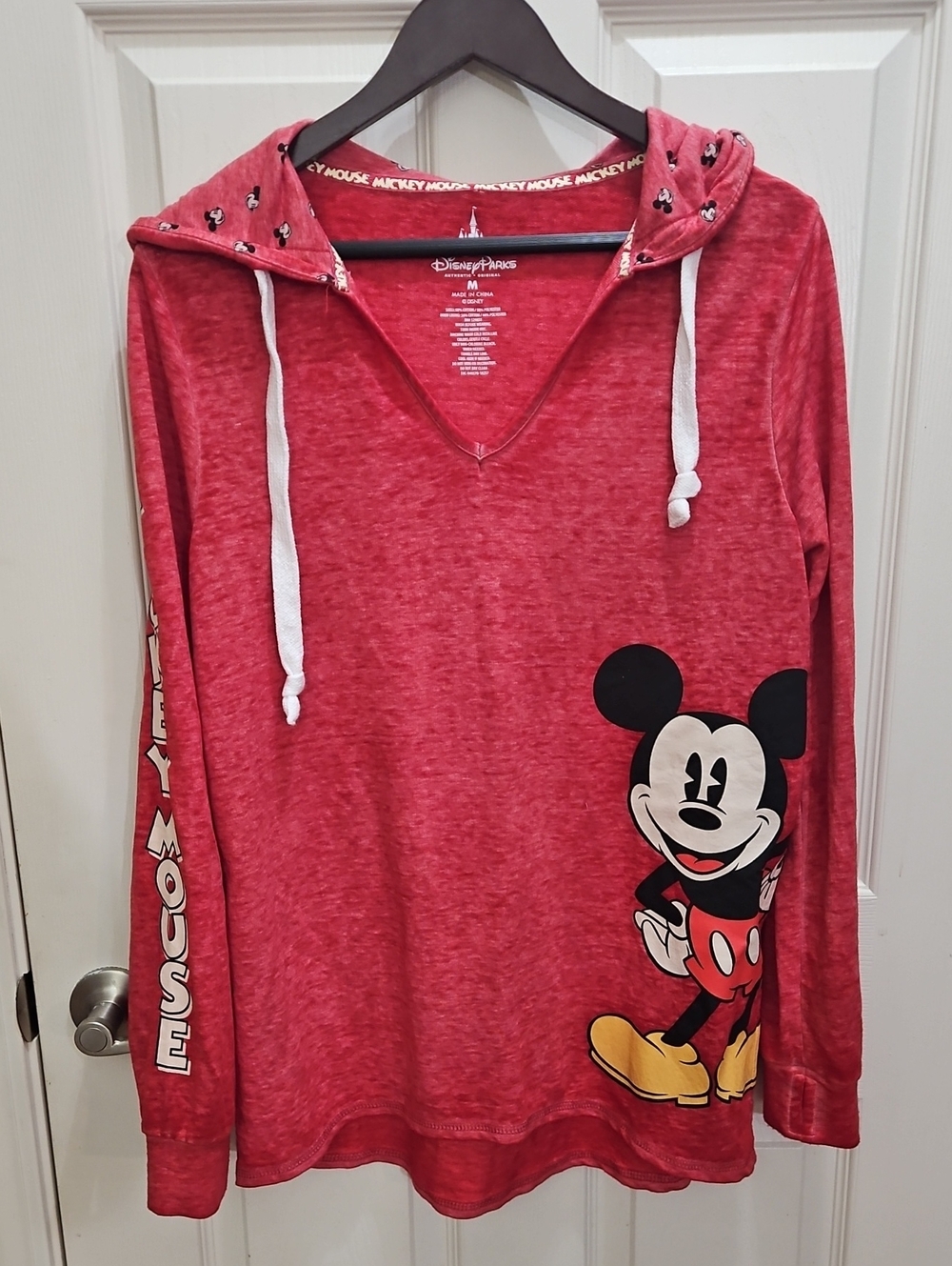 Disney Parks Red Mickey Mouse Burnout Thin Hooded Long Sleeve Cotton Top Sz Med